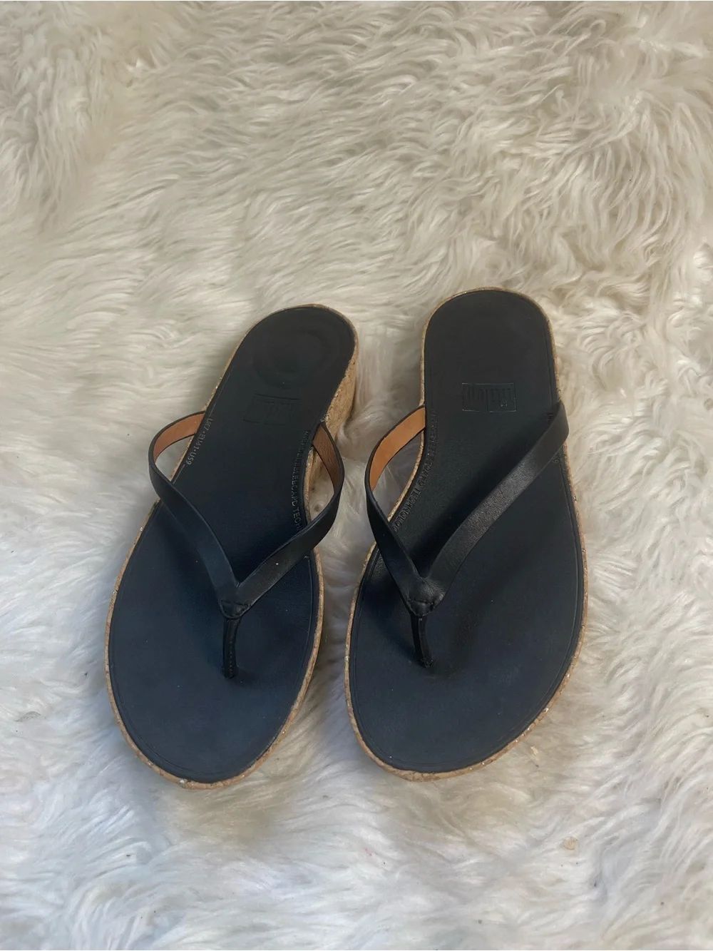 Fitflop Black Leather Corked Wedge Thong Sandals -SZ9
